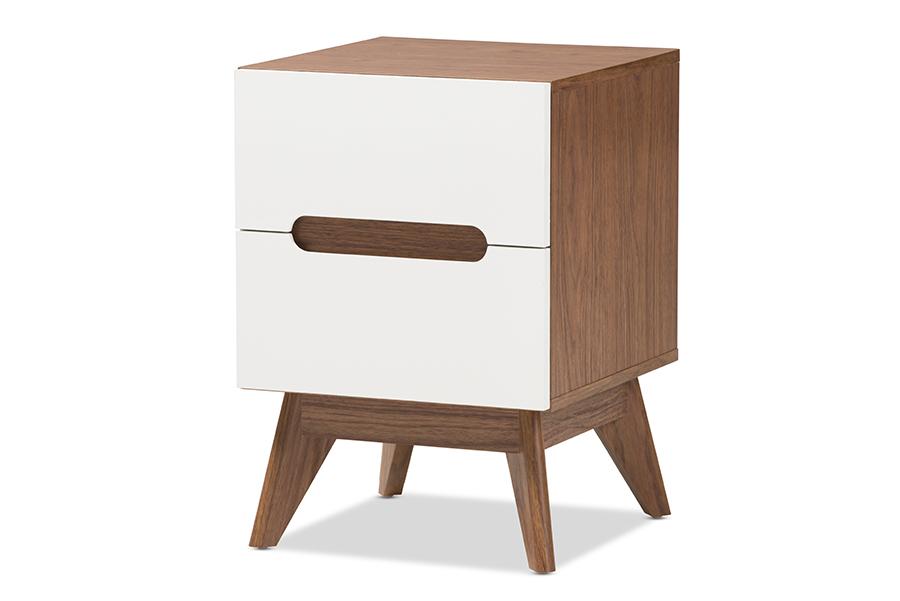 baxton studio calypso mid century modern white and walnut wood 3 drawer storage nightstand | Modish Furniture Store-3