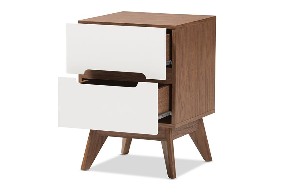 baxton studio calypso mid century modern white and walnut wood 3 drawer storage nightstand | Modish Furniture Store-2