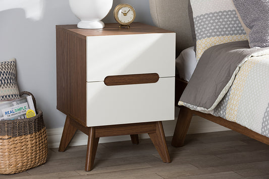 Baxton Studio Calypso Mid-Century Modern White and Walnut Wood 3-Drawer Storage Nightstand | Modishstore | Nightstands