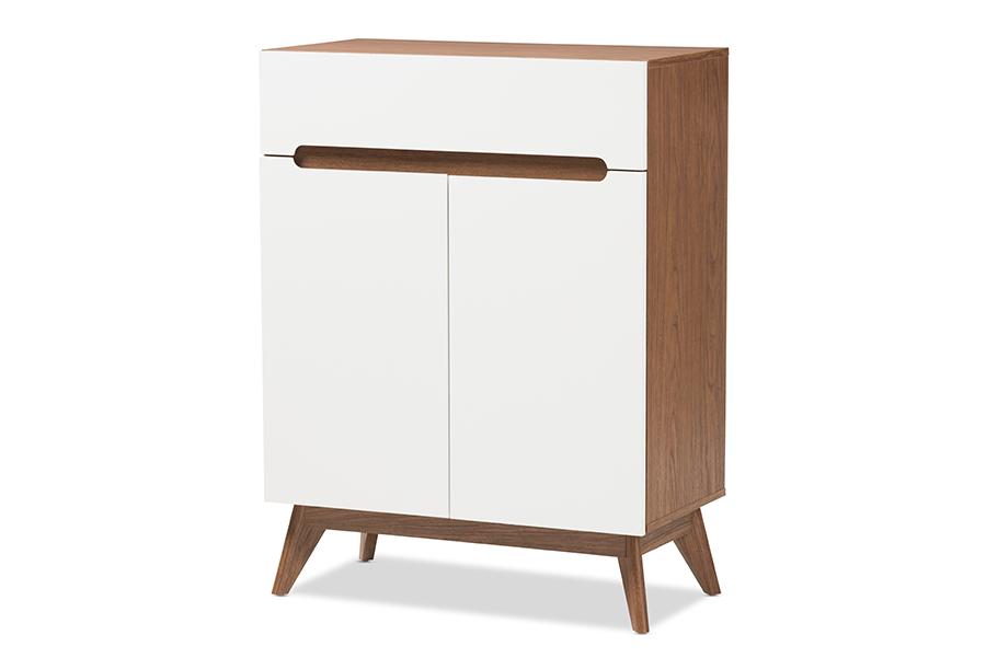 Mette Mid-Century Modern White & Walnut 5-Shelf Wood Entryway Shoe Cabinet