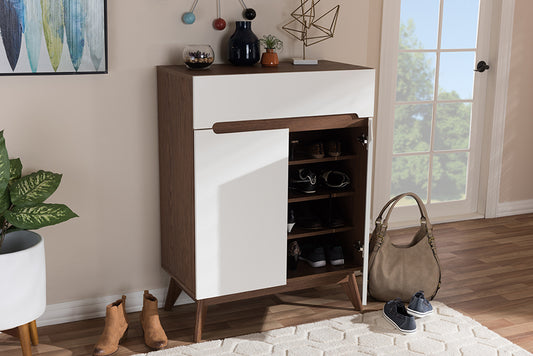 Baxton Studio Calypso Mid-Century Modern White and Walnut Wood Storage Shoe Cabinet | Modishstore | Cabinets