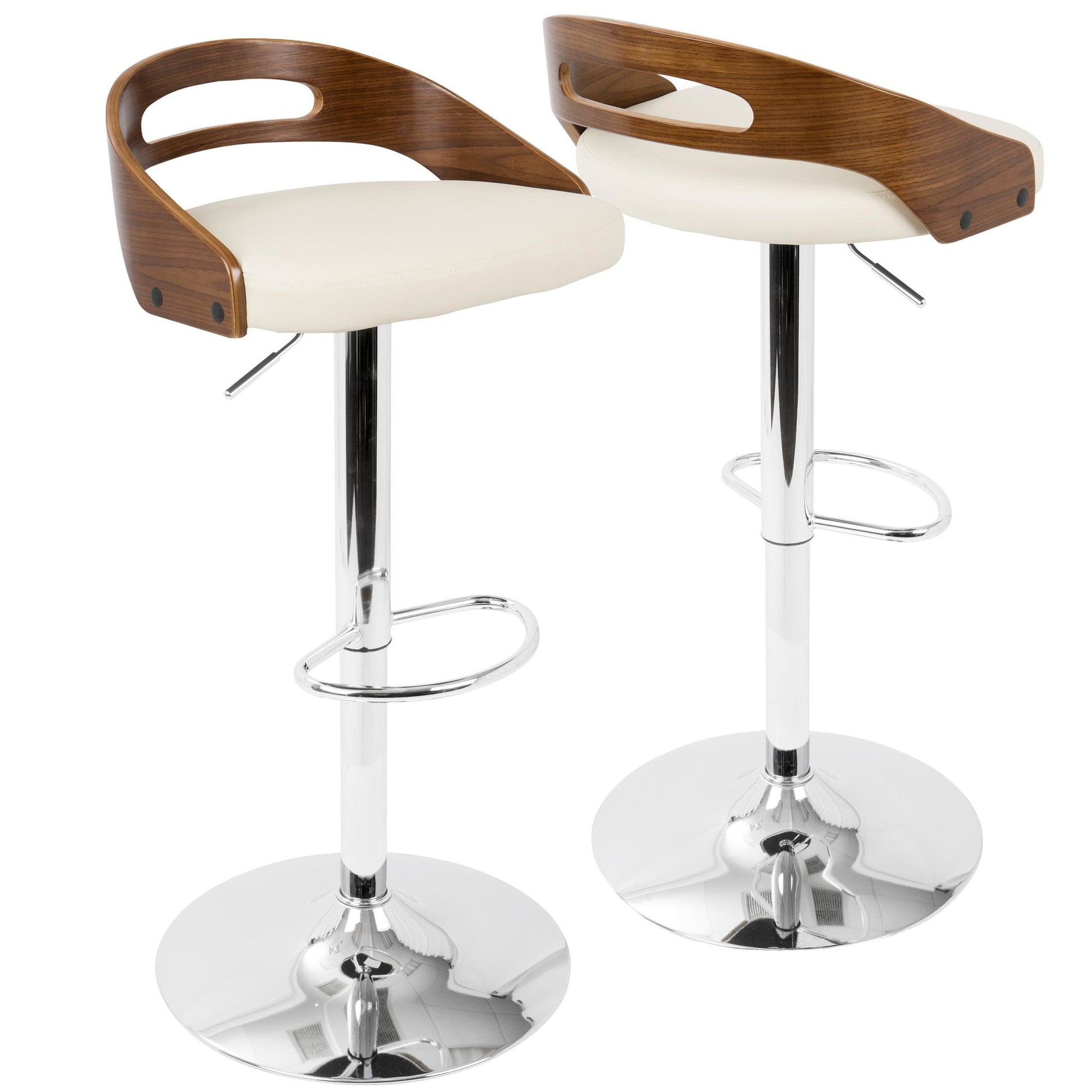 Cassis Mid-Century Modern Adjustable Barstool with Swivel in Chrome, Walnut Wood and Cream Faux Leather By LumiSource - Set of 2 | Bar Stools | Modishstore - 8