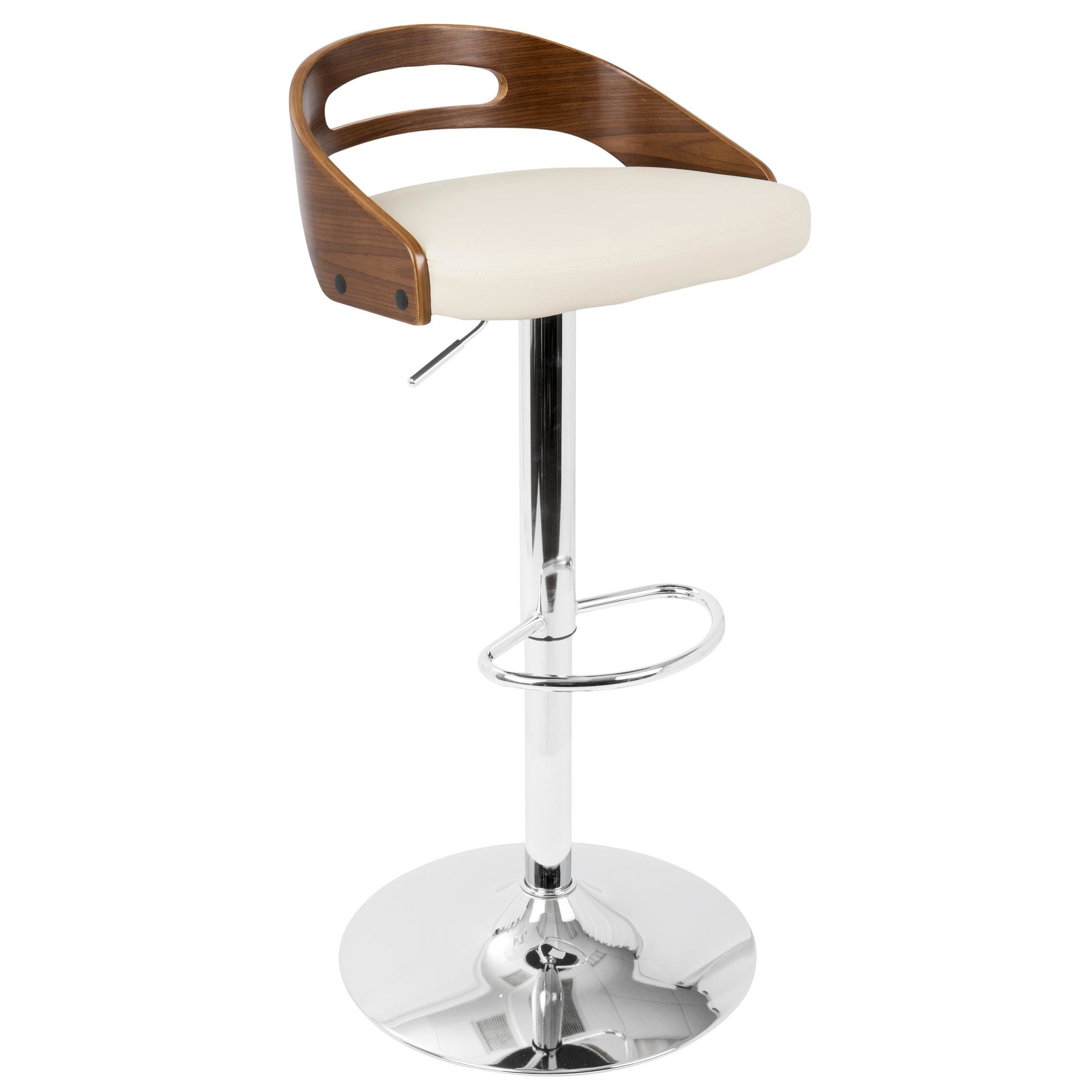Cassis Mid-Century Modern Adjustable Barstool with Swivel in Chrome, Walnut Wood and Cream Faux Leather By LumiSource - Set of 2 | Bar Stools | Modishstore - 9