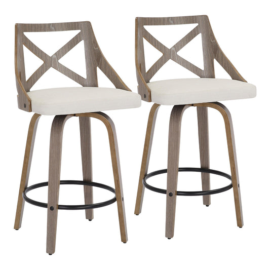 Charlotte Farmhouse Counter Stool in Light Grey Wood and Cream Noise Fabric By LumiSource - Set of 2 | Counter Stools | Modishstore