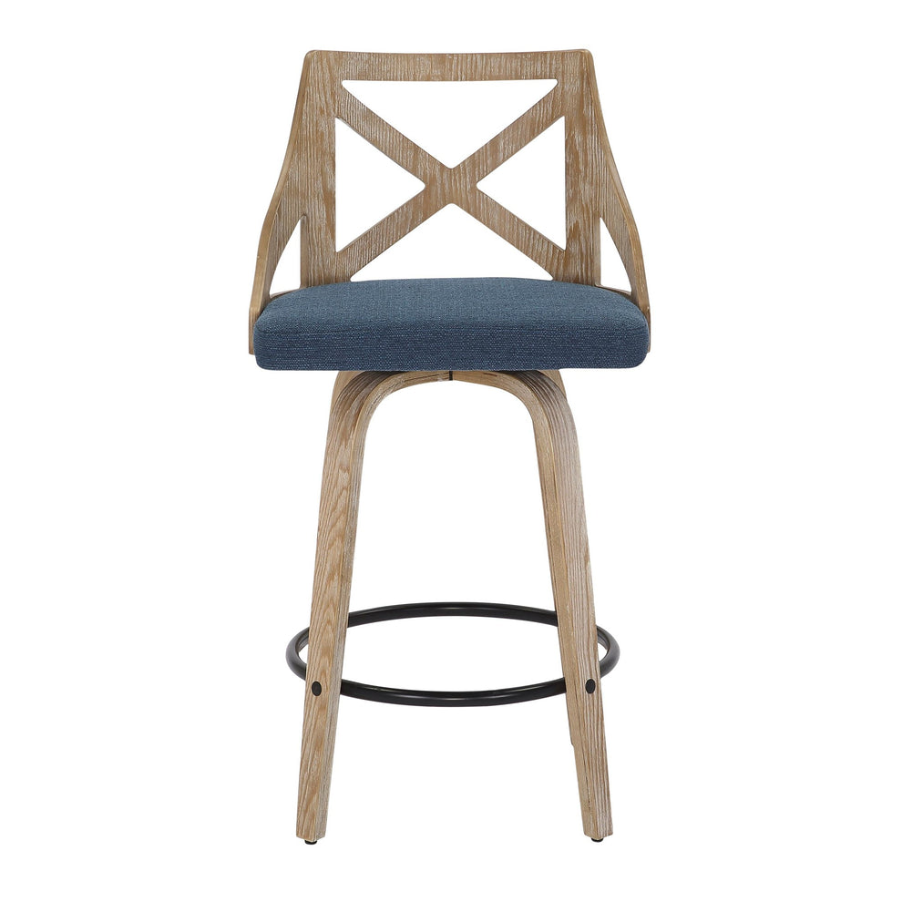 Charlotte Farmhouse Counter Stool in White Washed Wood and Blue Fabric By LumiSource - Set of 2 | Counter Stools | Modishstore - 2