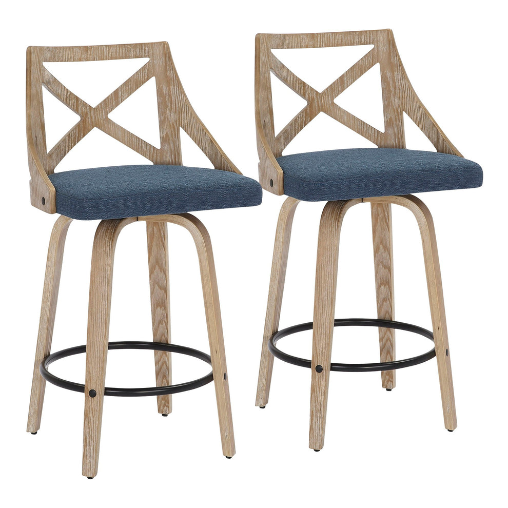 Charlotte Farmhouse Counter Stool in White Washed Wood and Blue Fabric By LumiSource - Set of 2 | Counter Stools | Modishstore