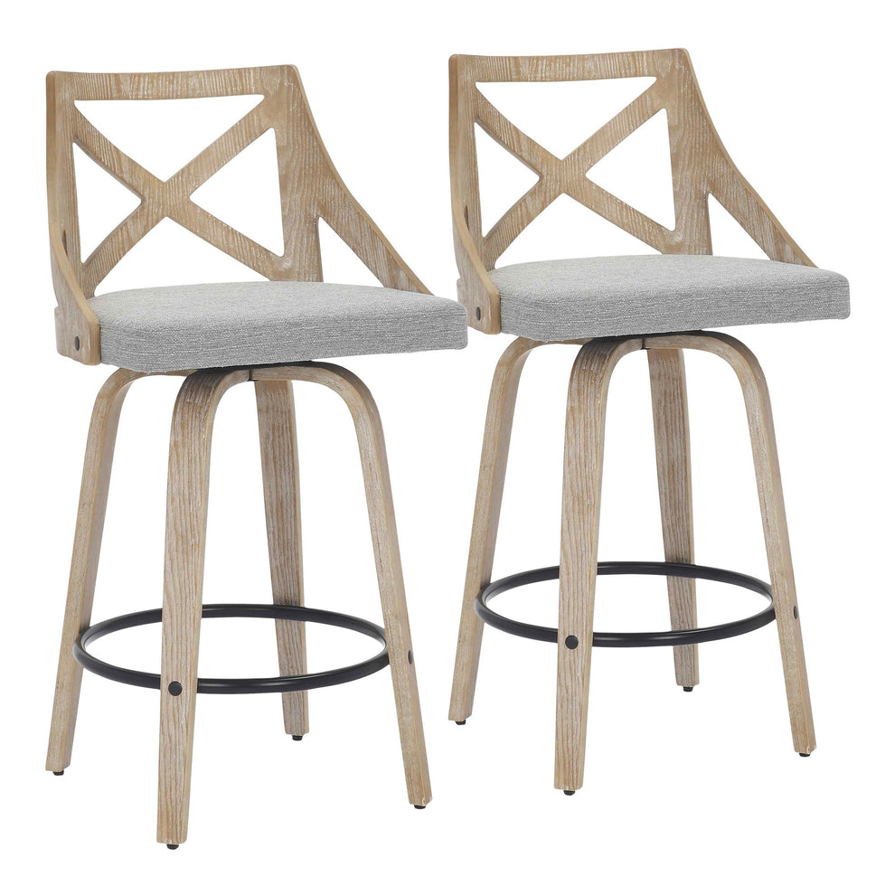 Charlotte Farmhouse Counter Stool in White Washed Wood and Blue Fabric By LumiSource - Set of 2 | Counter Stools | Modishstore - 9
