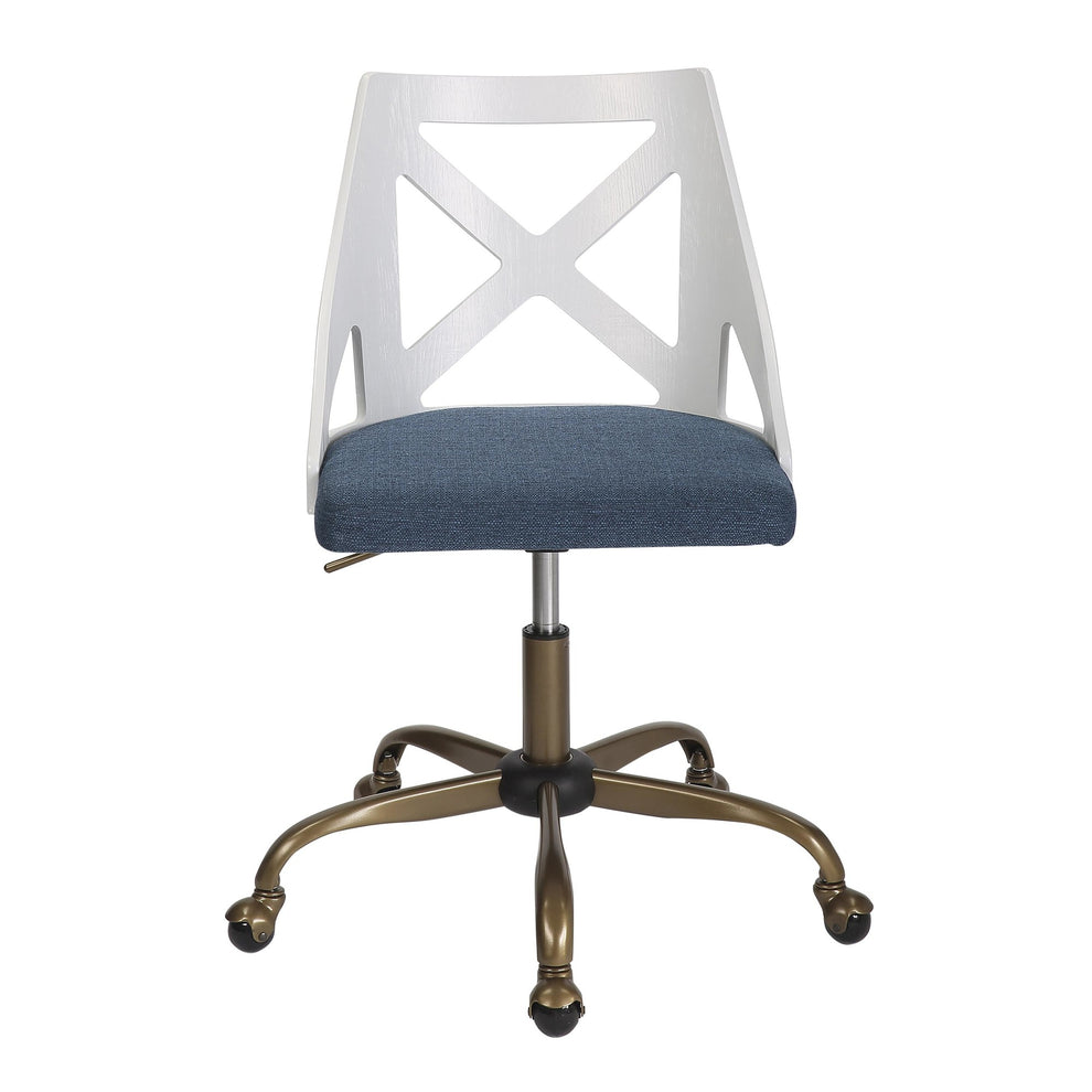 Charlotte Farmhouse Task Chair in Antique Copper Metal, White Textured Wood, and Blue Fabric By LumiSource | Office Chairs | Modishstore - 9