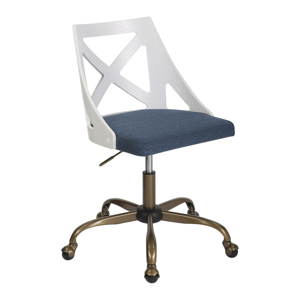 Charlotte Farmhouse Task Chair in Antique Copper Metal, White Textured Wood, and Blue Fabric By LumiSource | Office Chairs | Modishstore - 2