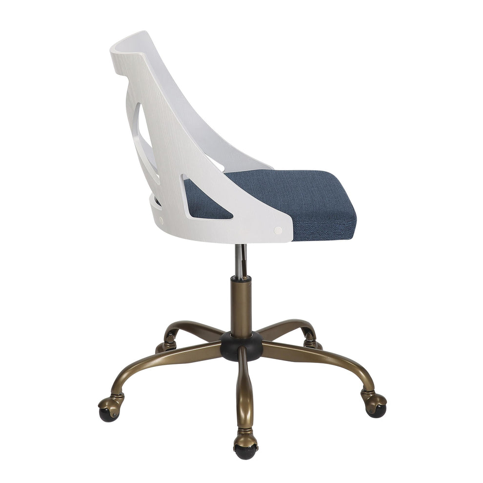 Charlotte Farmhouse Task Chair in Antique Copper Metal, White Textured Wood, and Blue Fabric By LumiSource | Office Chairs | Modishstore - 6