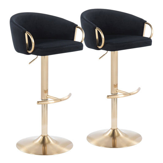 Claire Contemporary/Glam Adjustable  Bar Stool in Gold Metal and Black Velvet By LumiSource - Set of 2 | Bar Stools | Modishstore