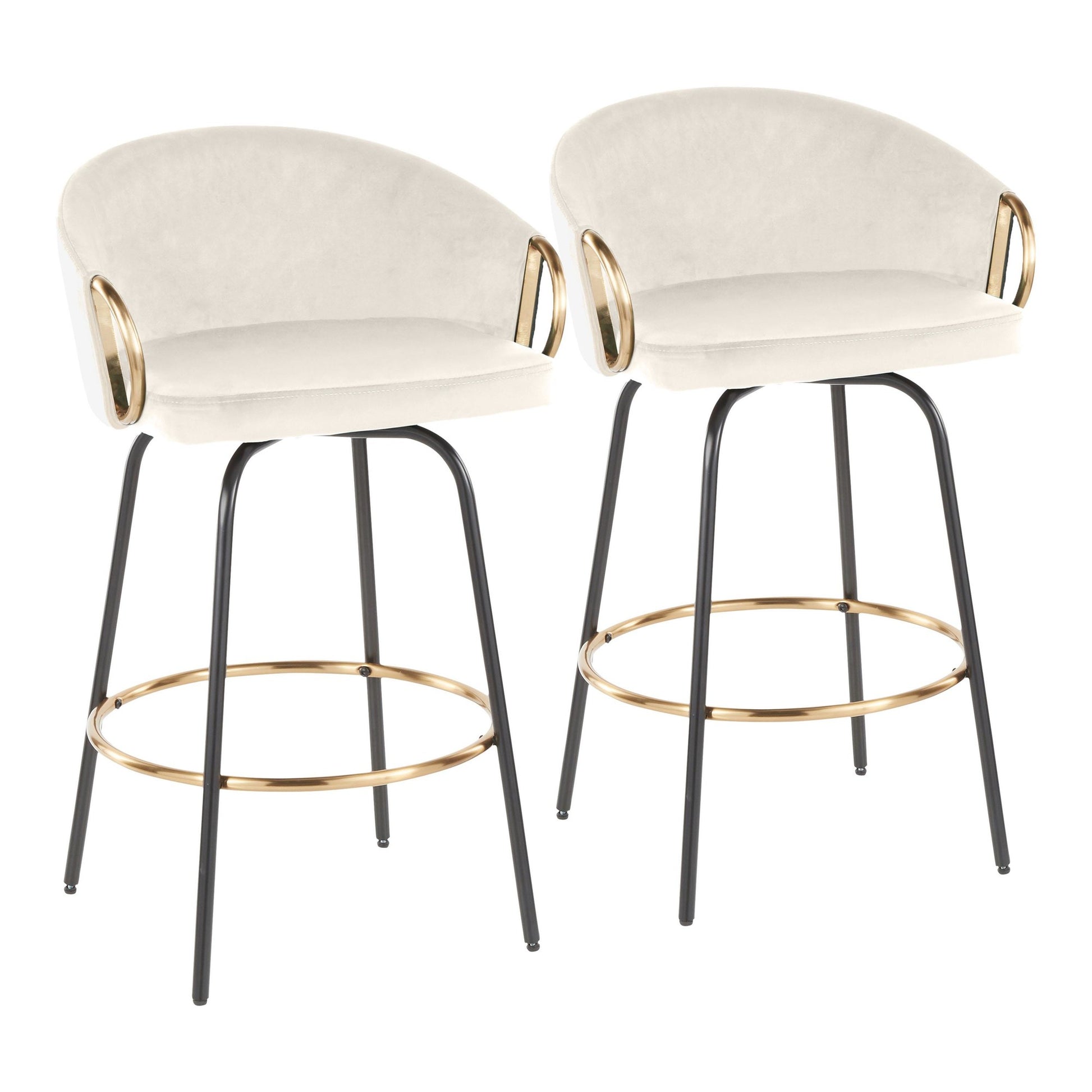 Claire 26" Contemporary/Glam Fixed Height Counter Stool with Swivel in Black Metal and Cream Velvet with Gold Metal Accents By LumiSource - Set of 2 | Counter Stools | Modishstore - 2