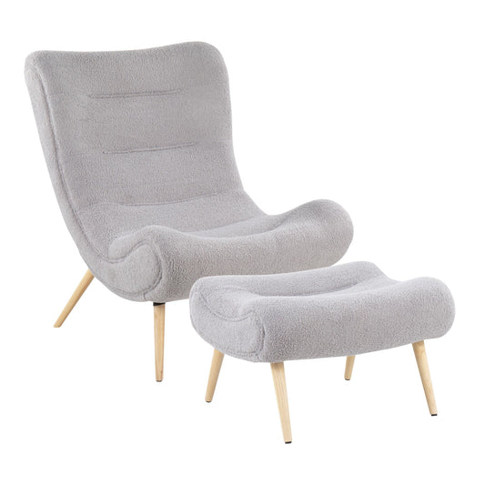 Cloud Contemporary Chair in Natural Wood and Grey Sherpa Fabric with Ottoman By LumiSource | Side Chairs | Modishstore