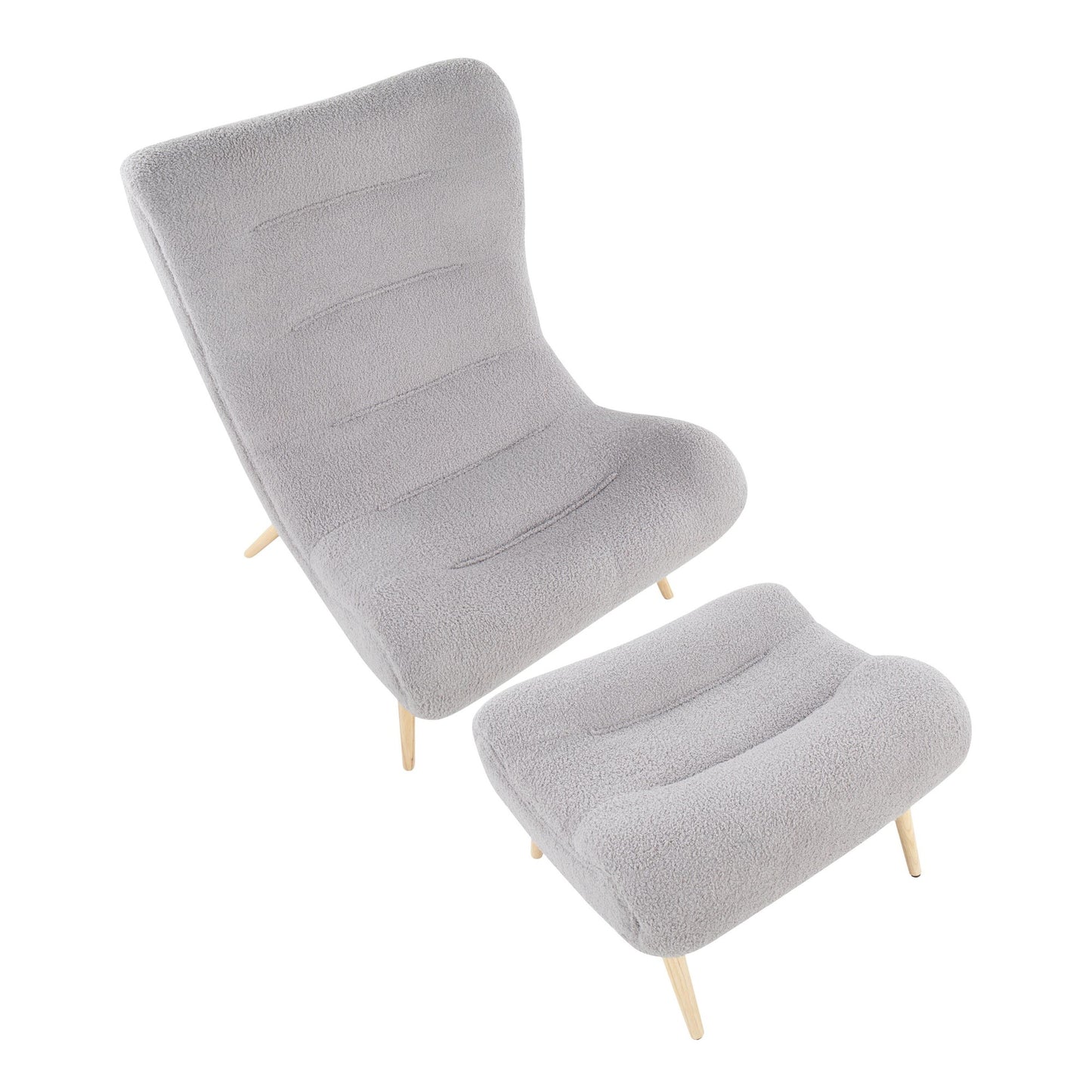 Cloud Contemporary Chair in Natural Wood and Grey Sherpa Fabric with Ottoman By LumiSource | Side Chairs | Modishstore - 2