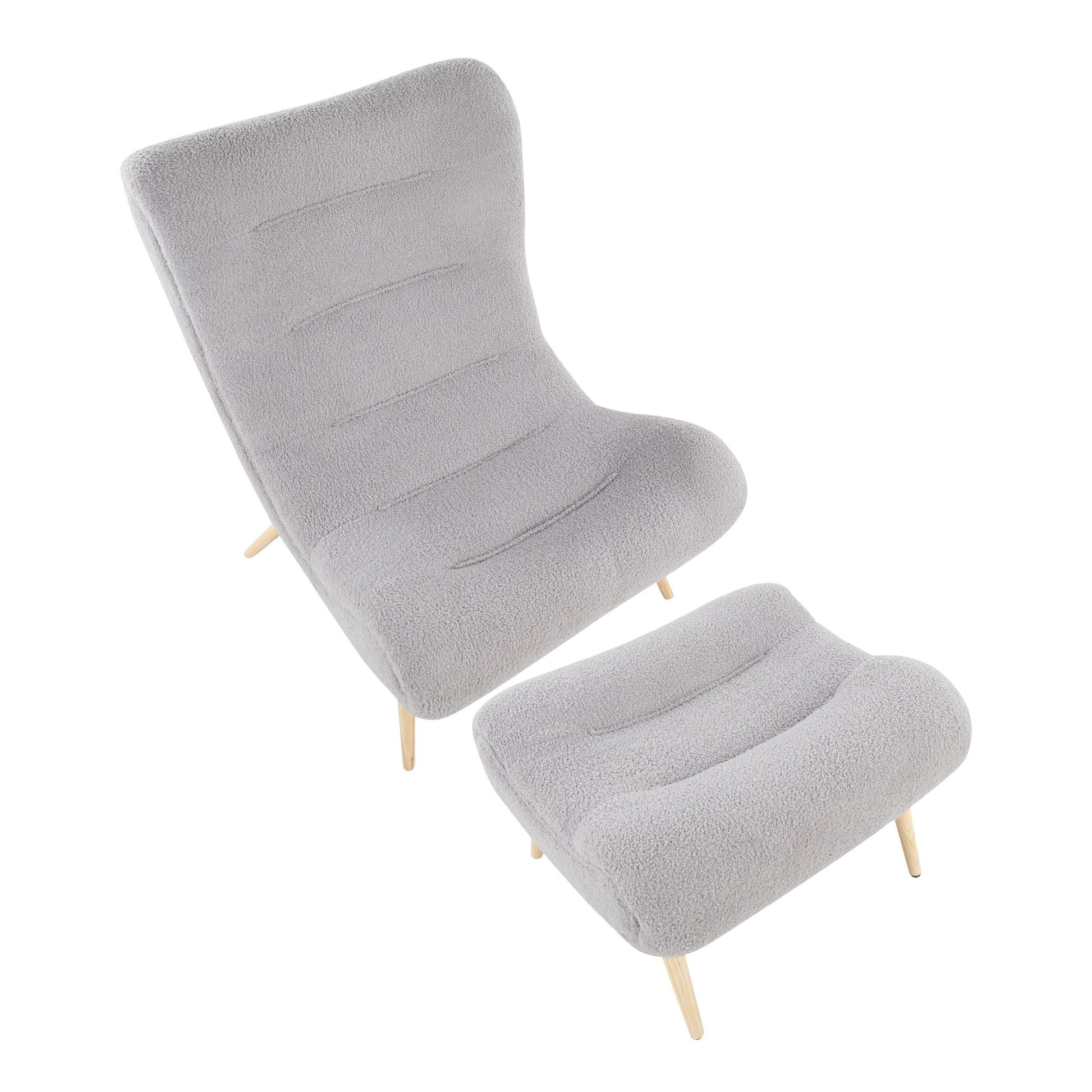 Cloud Contemporary Chair in Natural Wood and Grey Sherpa Fabric with Ottoman By LumiSource | Side Chairs | Modishstore - 2