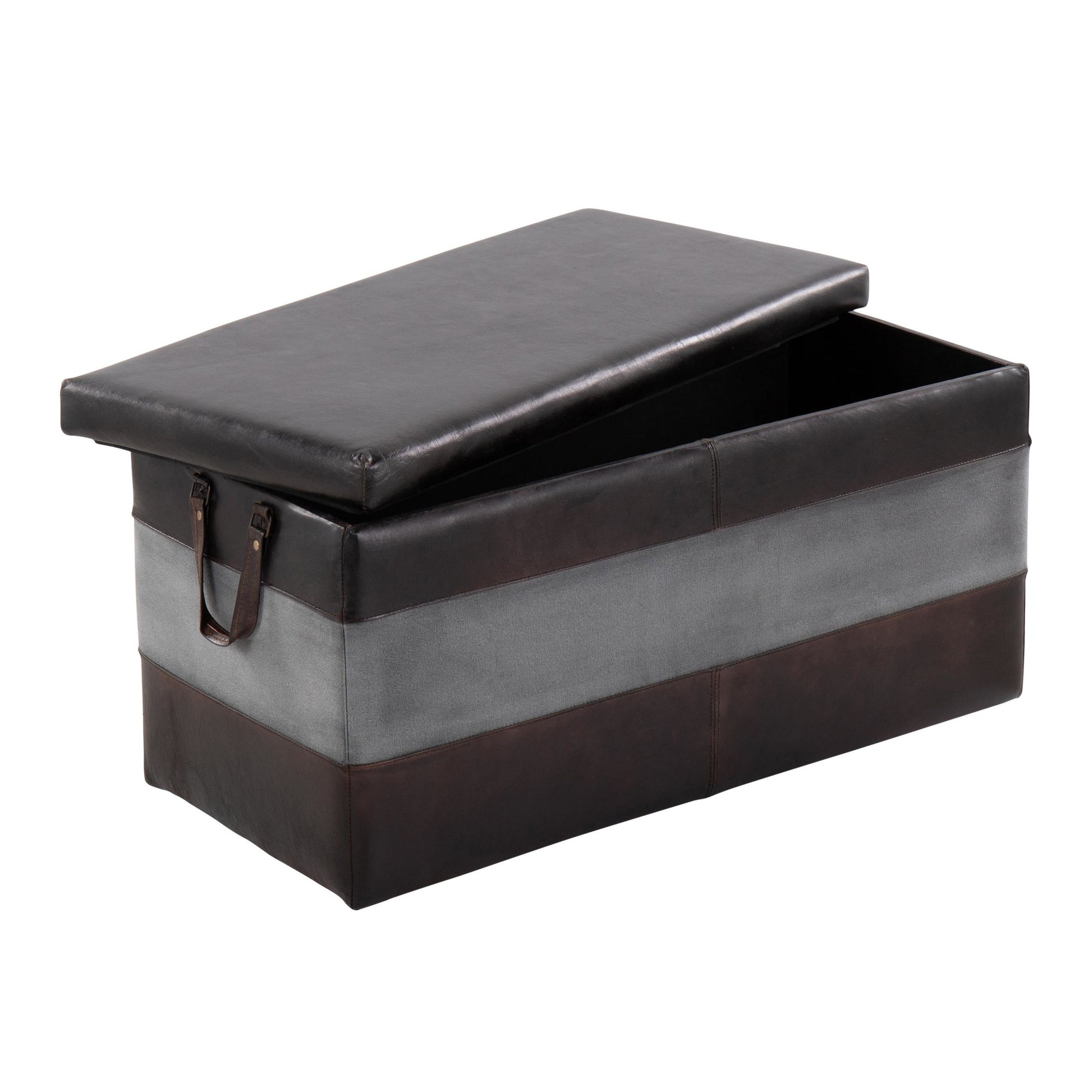 Cobbler Storage Bench in Black Leather and Grey Canvas By LumiSource | Benches | Modishstore - 4
