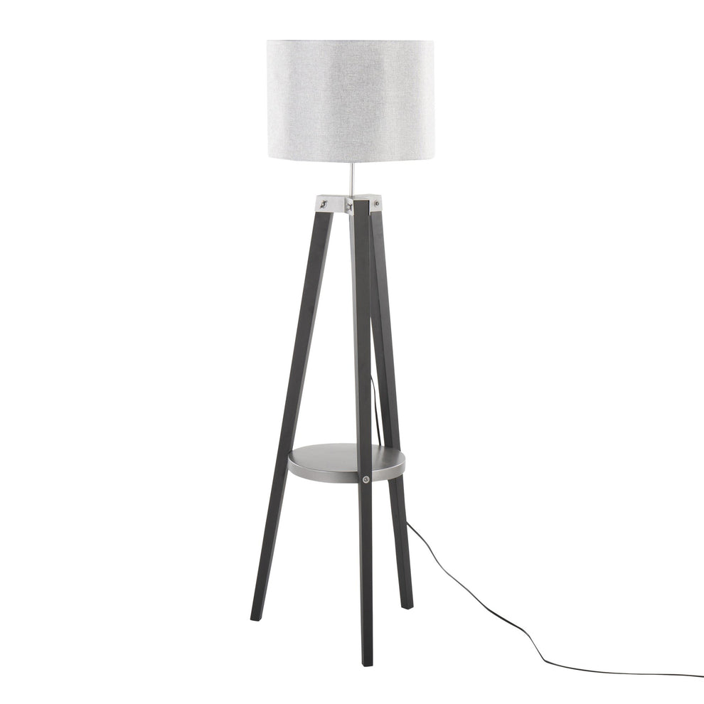 Compass Mid-Century Modern Floor Lamp with Shelf in Black Wood, Silver Metal and Grey Linen By LumiSource | Floor Lamps | Modishstore - 7