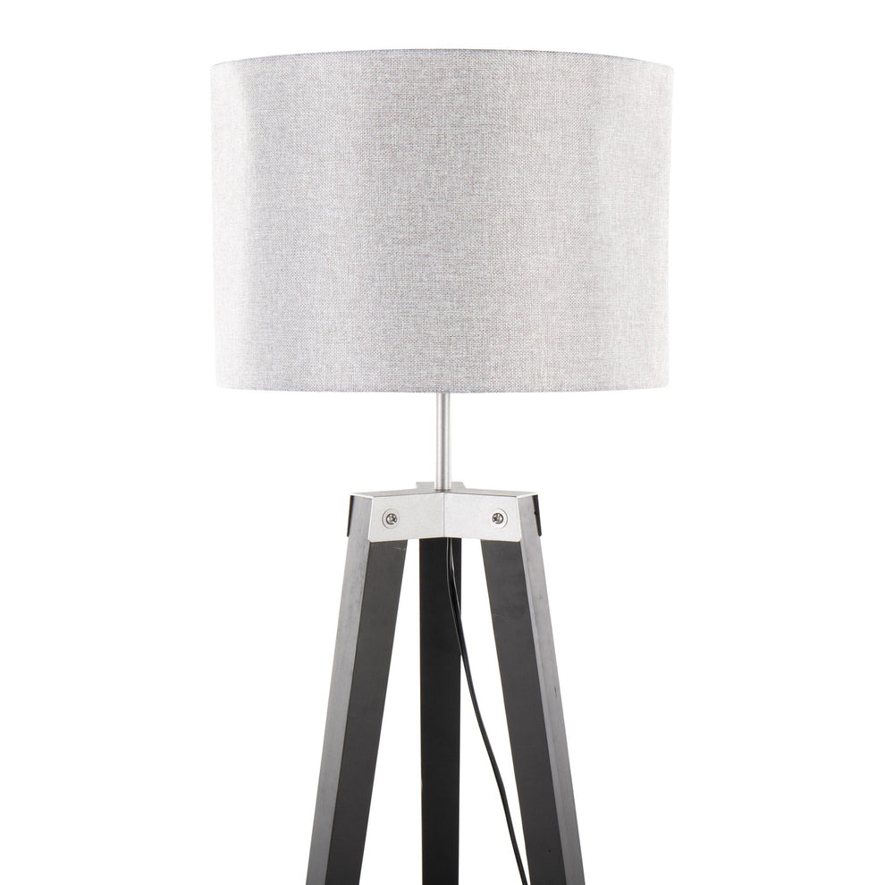 Compass Mid-Century Modern Floor Lamp with Shelf in Black Wood, Silver Metal and Grey Linen By LumiSource | Floor Lamps | Modishstore - 2