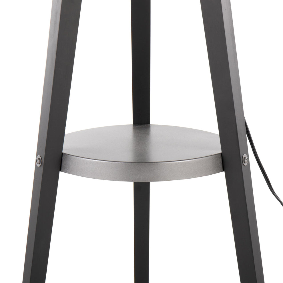 Compass Mid-Century Modern Floor Lamp with Shelf in Black Wood, Silver Metal and Grey Linen By LumiSource | Floor Lamps | Modishstore - 3