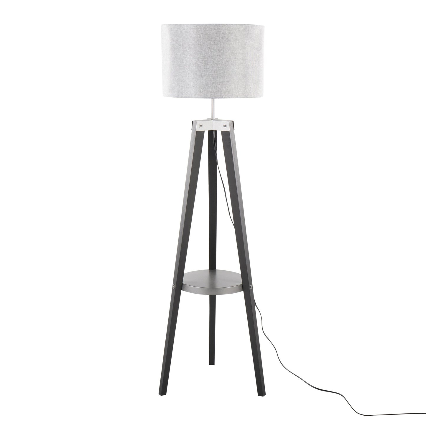Compass Mid-Century Modern Floor Lamp with Shelf in Black Wood, Silver Metal and Grey Linen By LumiSource | Floor Lamps | Modishstore - 8
