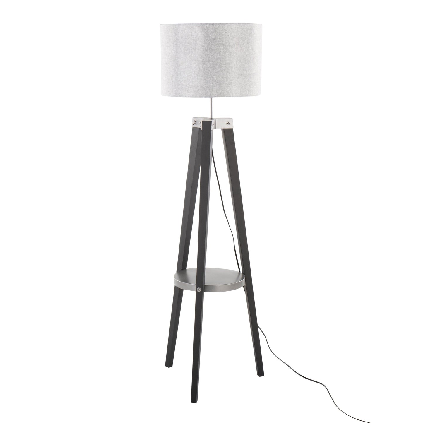 Compass Mid-Century Modern Floor Lamp with Shelf in Black Wood, Silver Metal and Grey Linen By LumiSource | Floor Lamps | Modishstore - 5