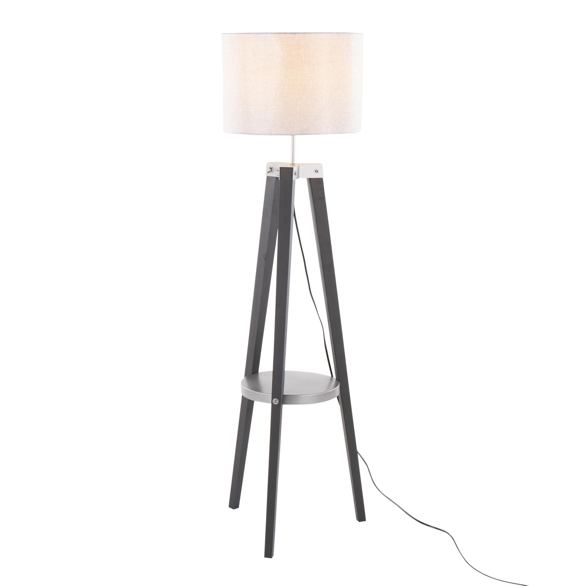 Compass Mid-Century Modern Floor Lamp with Shelf in Black Wood, Silver Metal and Grey Linen By LumiSource | Floor Lamps | Modishstore