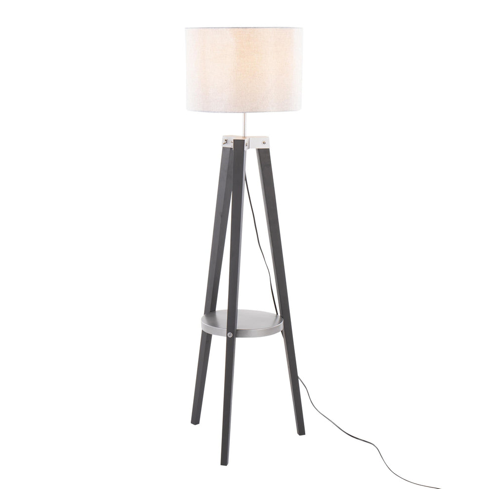 Compass Mid-Century Modern Floor Lamp with Shelf in Black Wood, Silver Metal and Grey Linen By LumiSource | Floor Lamps | Modishstore