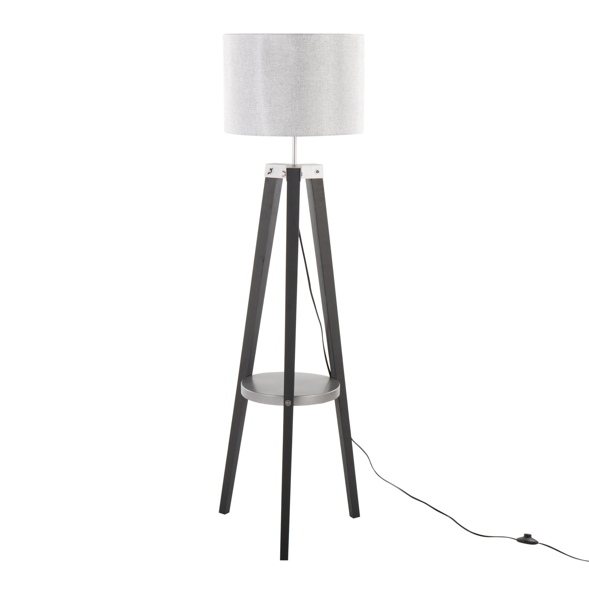 Compass Mid-Century Modern Floor Lamp with Shelf in Black Wood, Silver Metal and Grey Linen By LumiSource | Floor Lamps | Modishstore - 6
