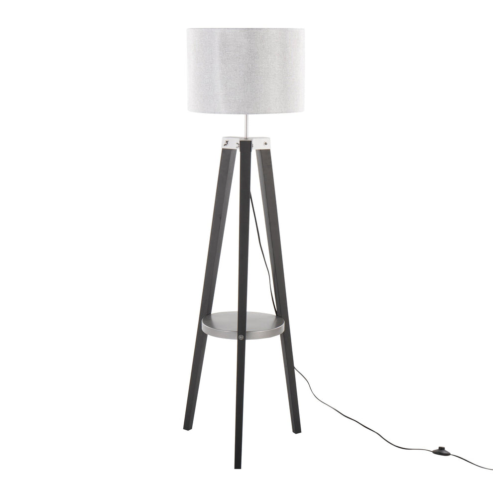 Compass Mid-Century Modern Floor Lamp with Shelf in Black Wood, Silver Metal and Grey Linen By LumiSource | Floor Lamps | Modishstore - 6