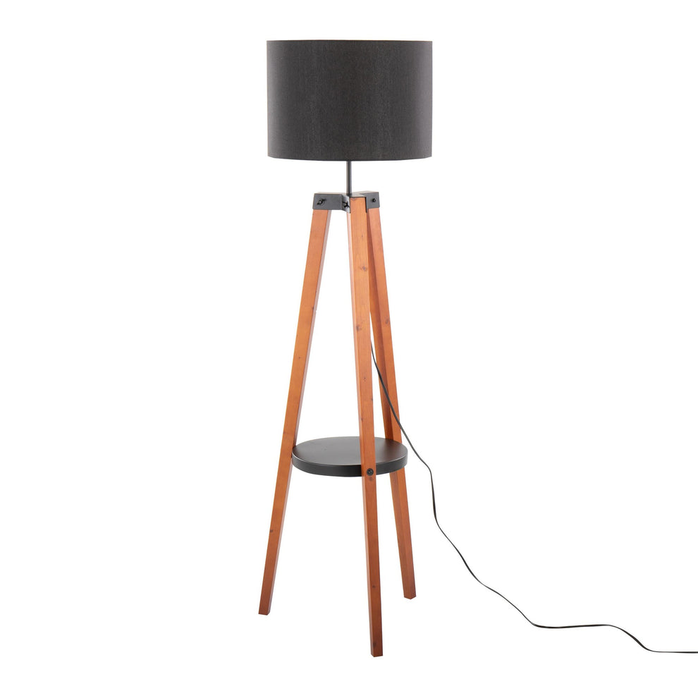 Compass Mid-Century Modern Floor Lamp with Shelf in Black Wood, Silver Metal and Grey Linen By LumiSource | Floor Lamps | Modishstore - 15