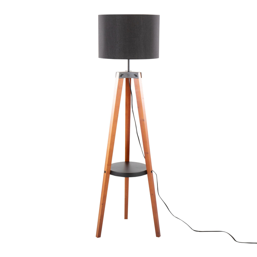 Compass Mid-Century Modern Floor Lamp with Shelf in Black Wood, Silver Metal and Grey Linen By LumiSource | Floor Lamps | Modishstore - 16