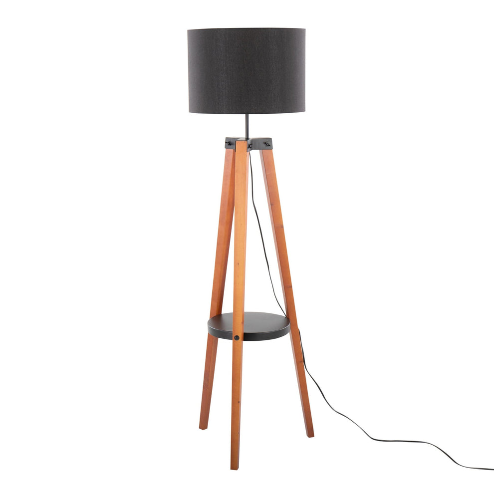 Compass Mid-Century Modern Floor Lamp with Shelf in Black Wood, Silver Metal and Grey Linen By LumiSource | Floor Lamps | Modishstore - 13