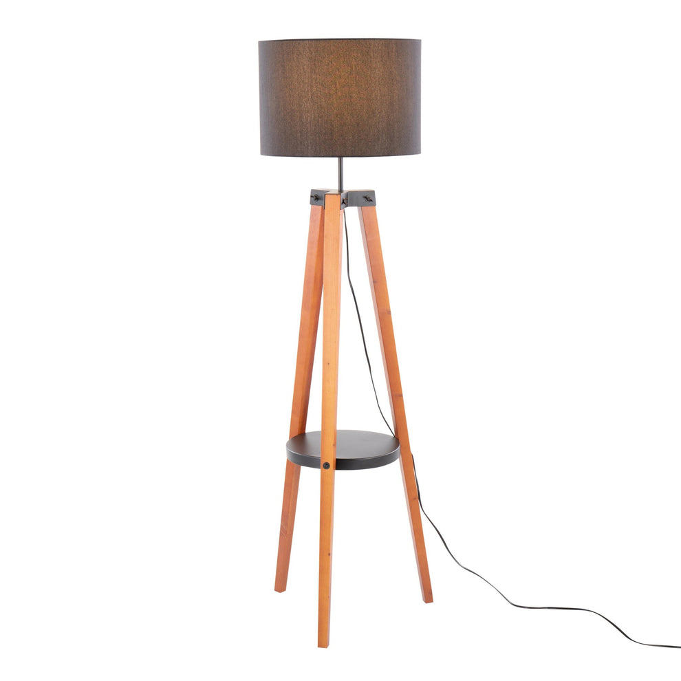 Compass Mid-Century Modern Floor Lamp with Shelf in Black Wood, Silver Metal and Grey Linen By LumiSource | Floor Lamps | Modishstore - 9