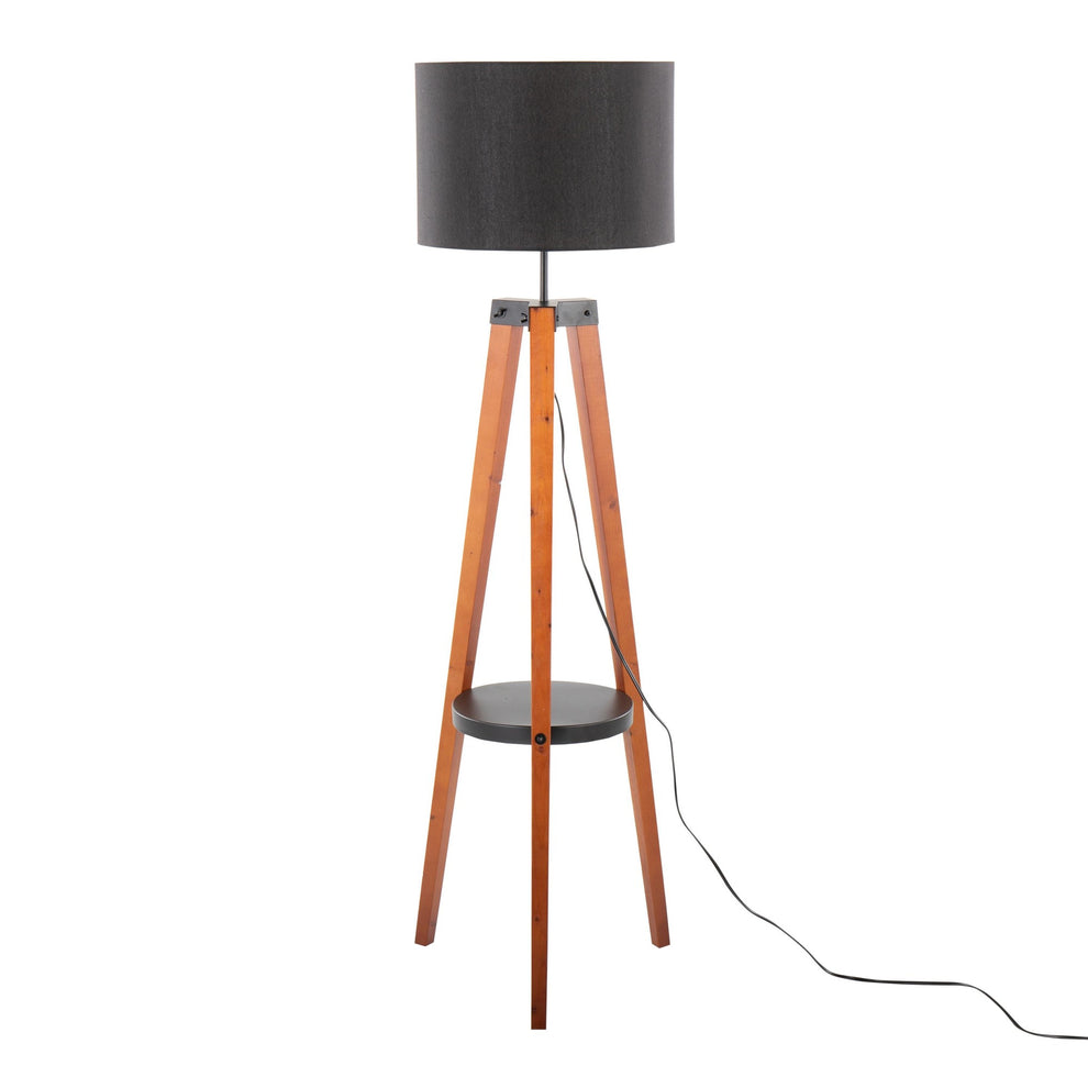 Compass Mid-Century Modern Floor Lamp with Shelf in Black Wood, Silver Metal and Grey Linen By LumiSource | Floor Lamps | Modishstore - 14