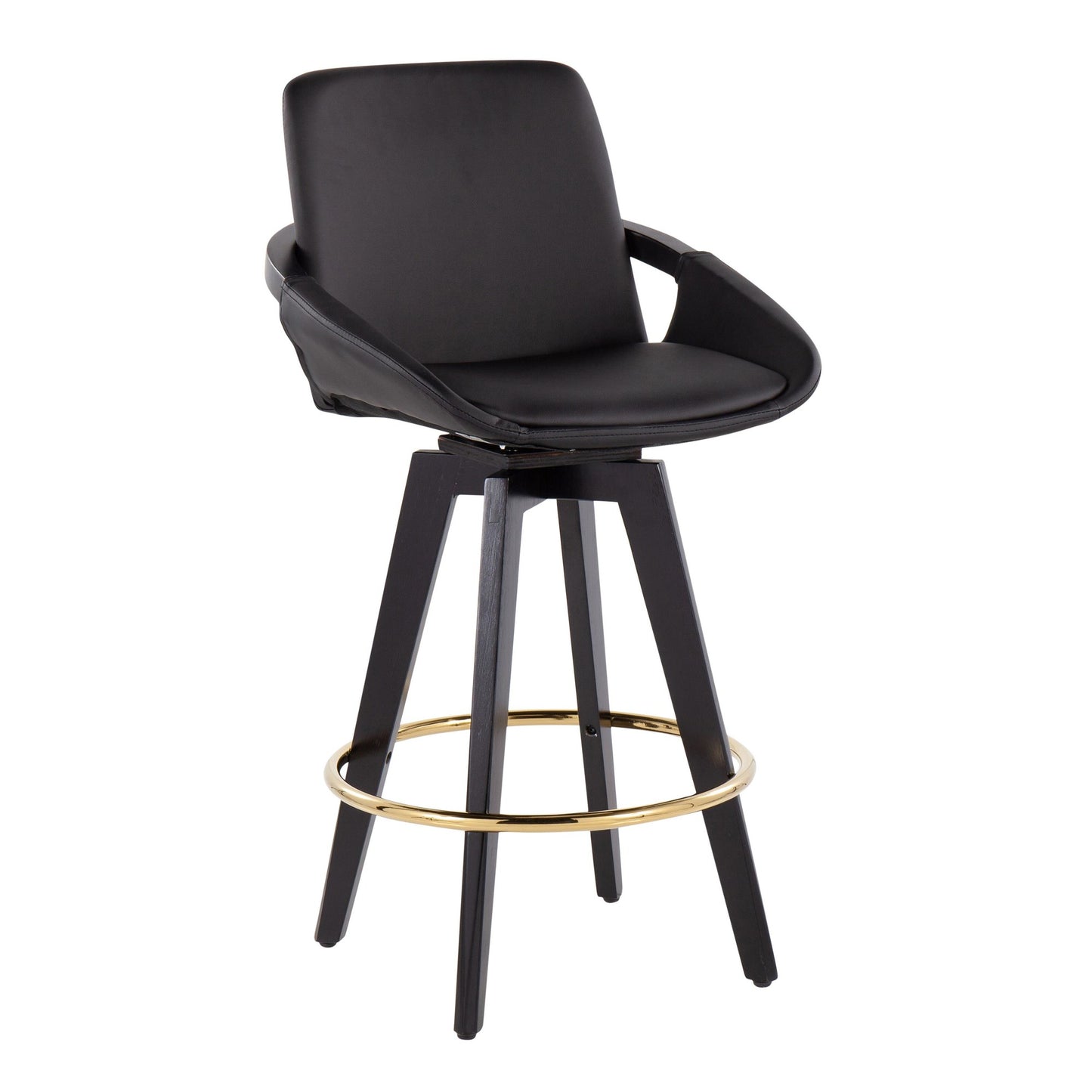 Cosmo Contemporary Fixed-Height Counter Stool with Swivel in Black Wood with Round Gold Metal Footrest and Black Faux Leather Seat By LumiSource - Set of 2 | Counter Stools | Modishstore - 5