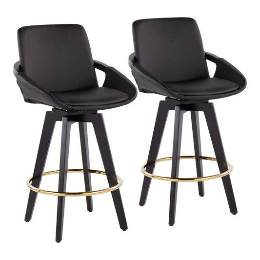 Cosmo Contemporary Fixed-Height Counter Stool with Swivel in Black Wood with Round Gold Metal Footrest and Black Faux Leather Seat By LumiSource - Set of 2 | Counter Stools | Modishstore