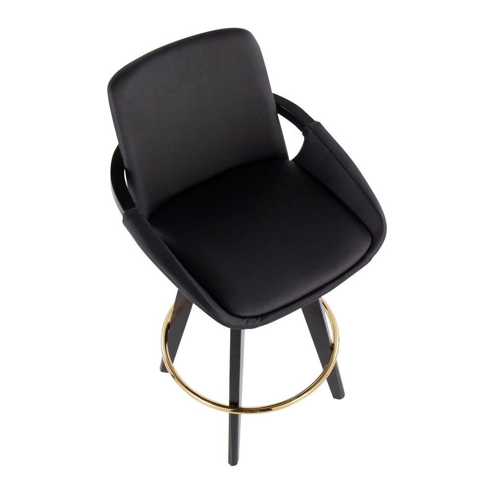 Cosmo Contemporary Fixed-Height Counter Stool with Swivel in Black Wood with Round Gold Metal Footrest and Black Faux Leather Seat By LumiSource - Set of 2 | Counter Stools | Modishstore - 3