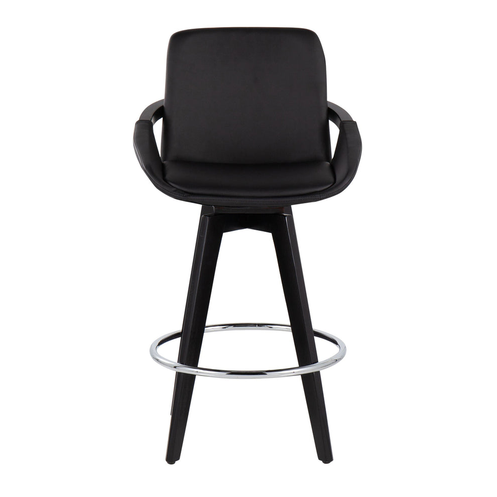 Cosmo Contemporary Fixed-Height Counter Stool with Swivel in Black Wood with Round Chrome Metal Footrest and Black Faux Leather Seat By LumiSource - Set of 2 | Counter Stools | Modishstore - 2