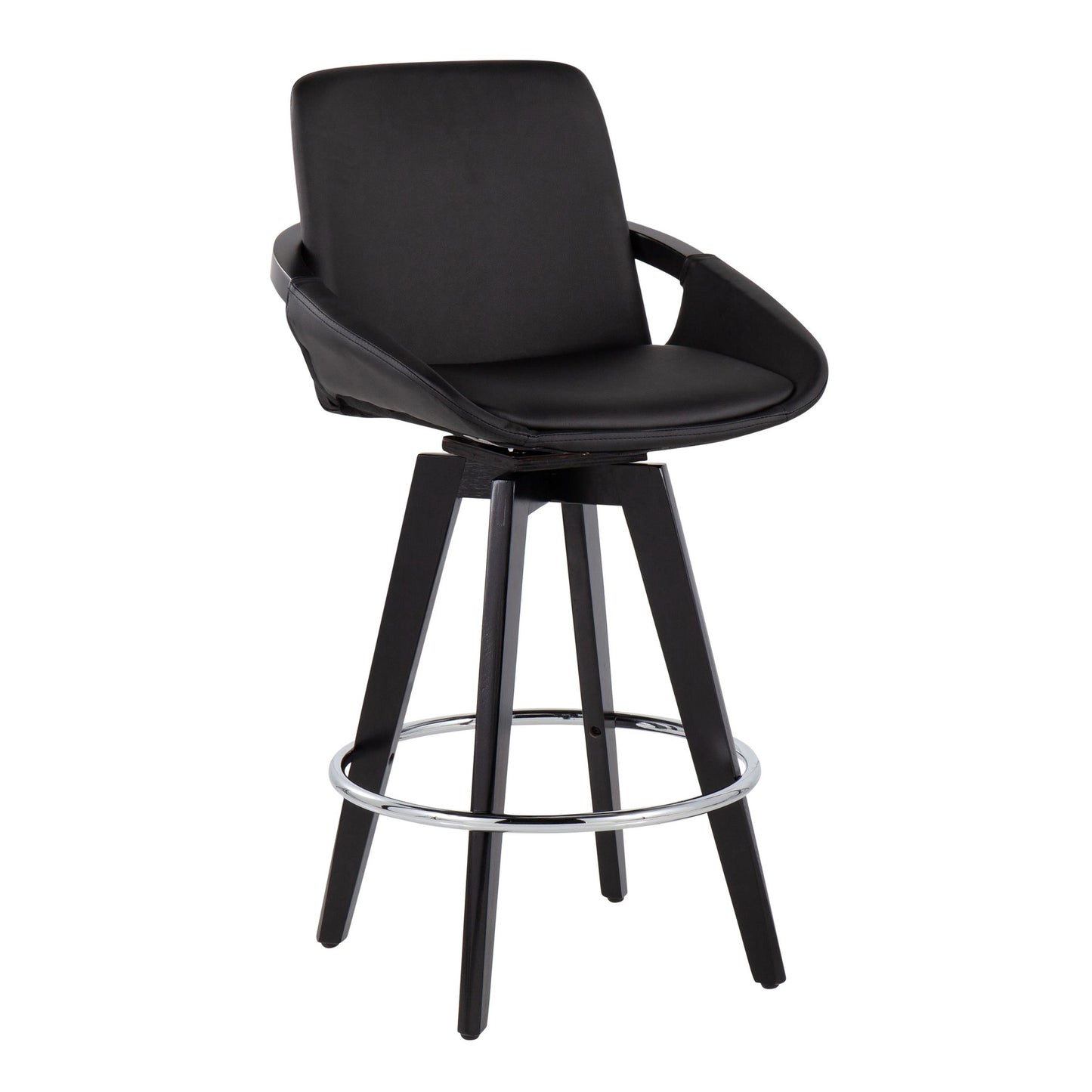 Cosmo Contemporary Fixed-Height Counter Stool with Swivel in Black Wood with Round Chrome Metal Footrest and Black Faux Leather Seat By LumiSource - Set of 2 | Counter Stools | Modishstore - 5