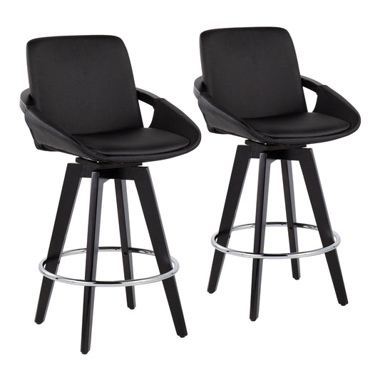 Cosmo Contemporary Fixed-Height Counter Stool with Swivel in Black Wood with Round Chrome Metal Footrest and Black Faux Leather Seat By LumiSource - Set of 2 | Counter Stools | Modishstore