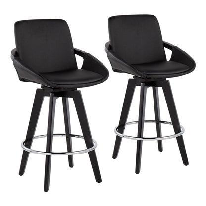 Cosmo Contemporary Fixed-Height Counter Stool with Swivel in Black Wood with Round Chrome Metal Footrest and Black Faux Leather Seat By LumiSource - Set of 2 | Counter Stools | Modishstore