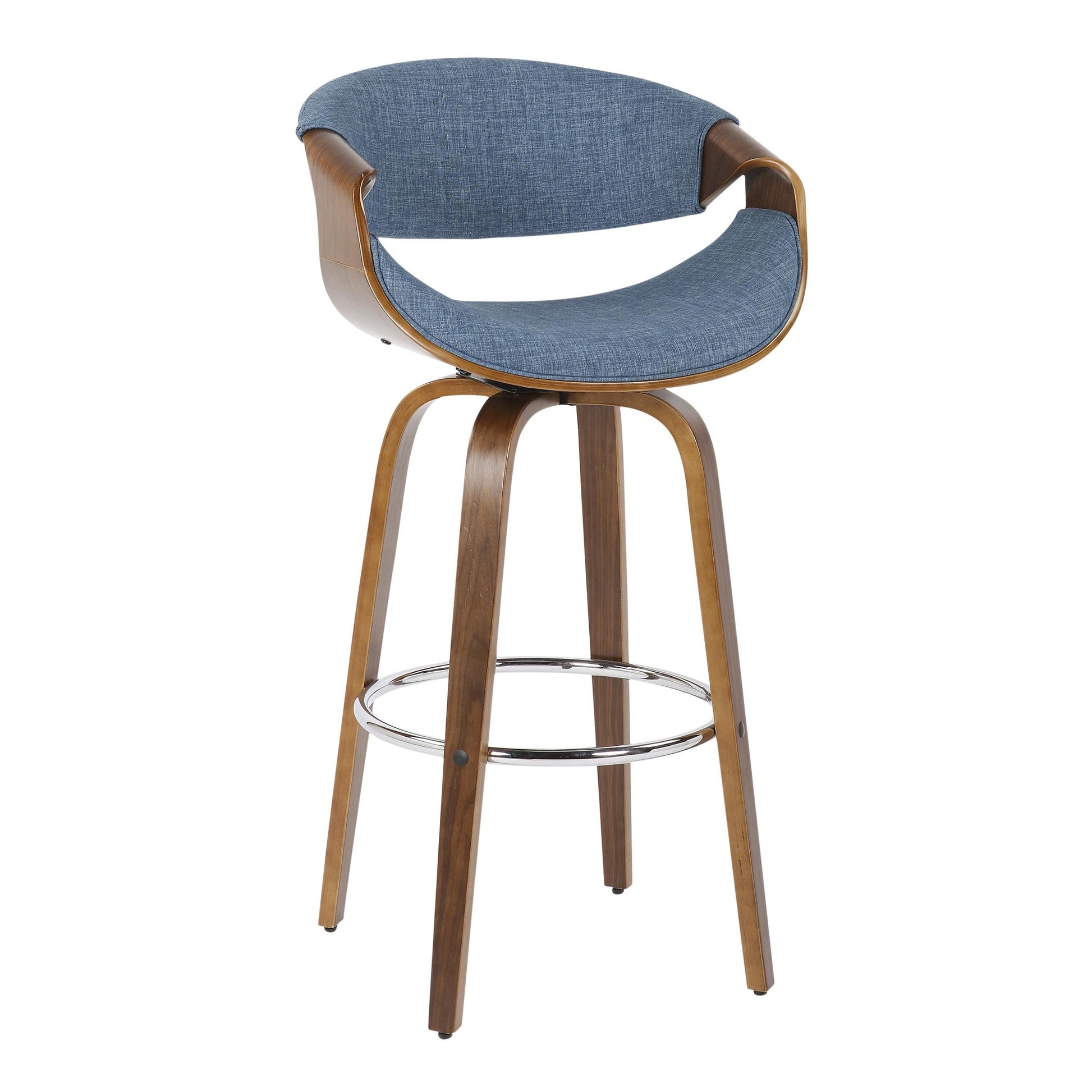 Curvini Mid-Century Modern Barstool in Walnut Wood and Blue Fabric By LumiSource - Set of 2 | Bar Stools | Modishstore - 8