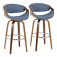 Curvini Mid-Century Modern Barstool in Walnut Wood and Blue Fabric By LumiSource - Set of 2 | Bar Stools | Modishstore - 2
