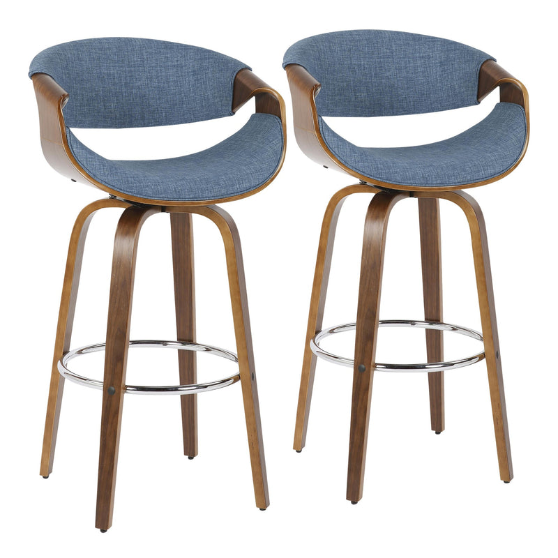 Curvini Mid-Century Modern Barstool in Walnut Wood and Blue Fabric By LumiSource - Set of 2 | Bar Stools | Modishstore - 2