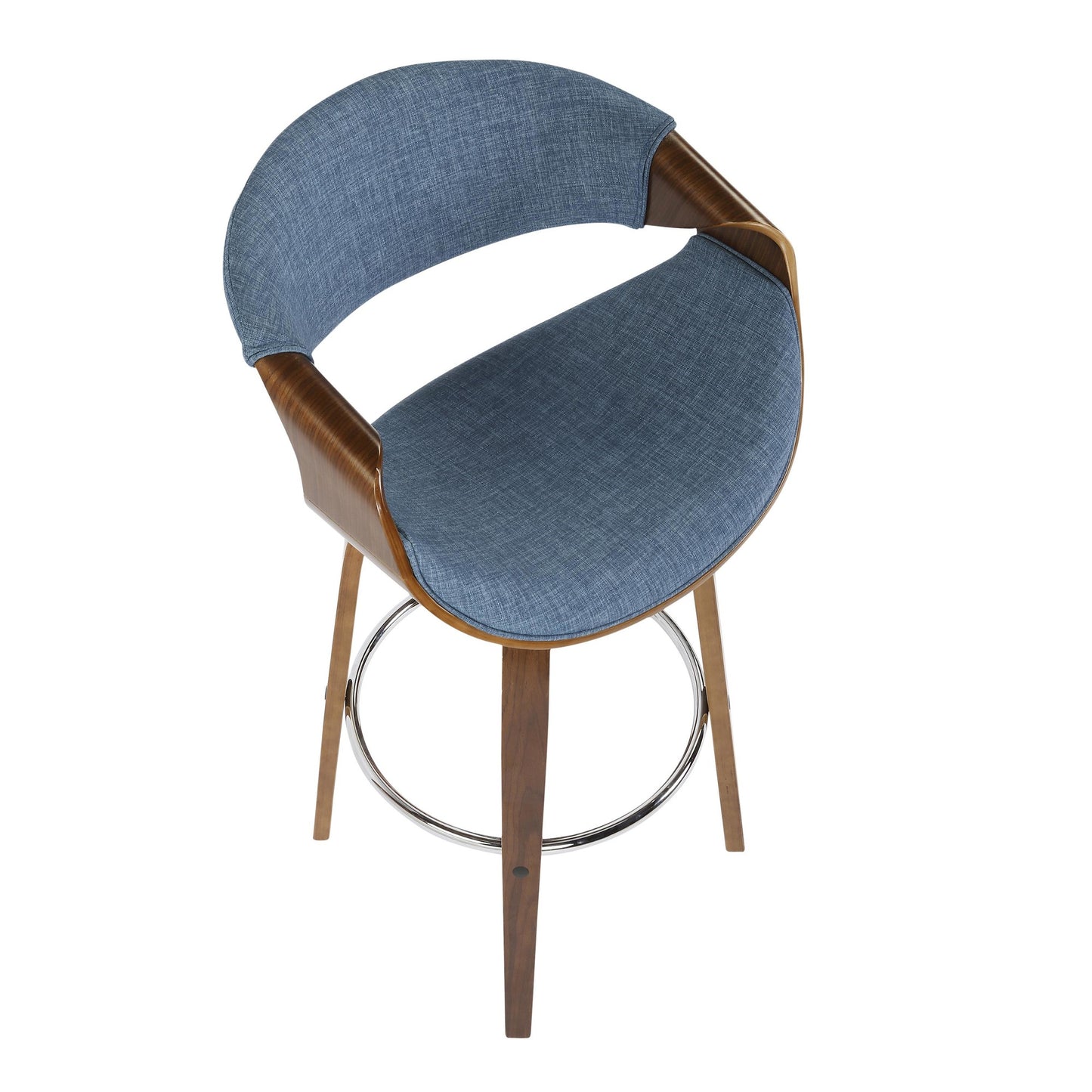Curvini Mid-Century Modern Barstool in Walnut Wood and Blue Fabric By LumiSource - Set of 2 | Bar Stools | Modishstore - 4