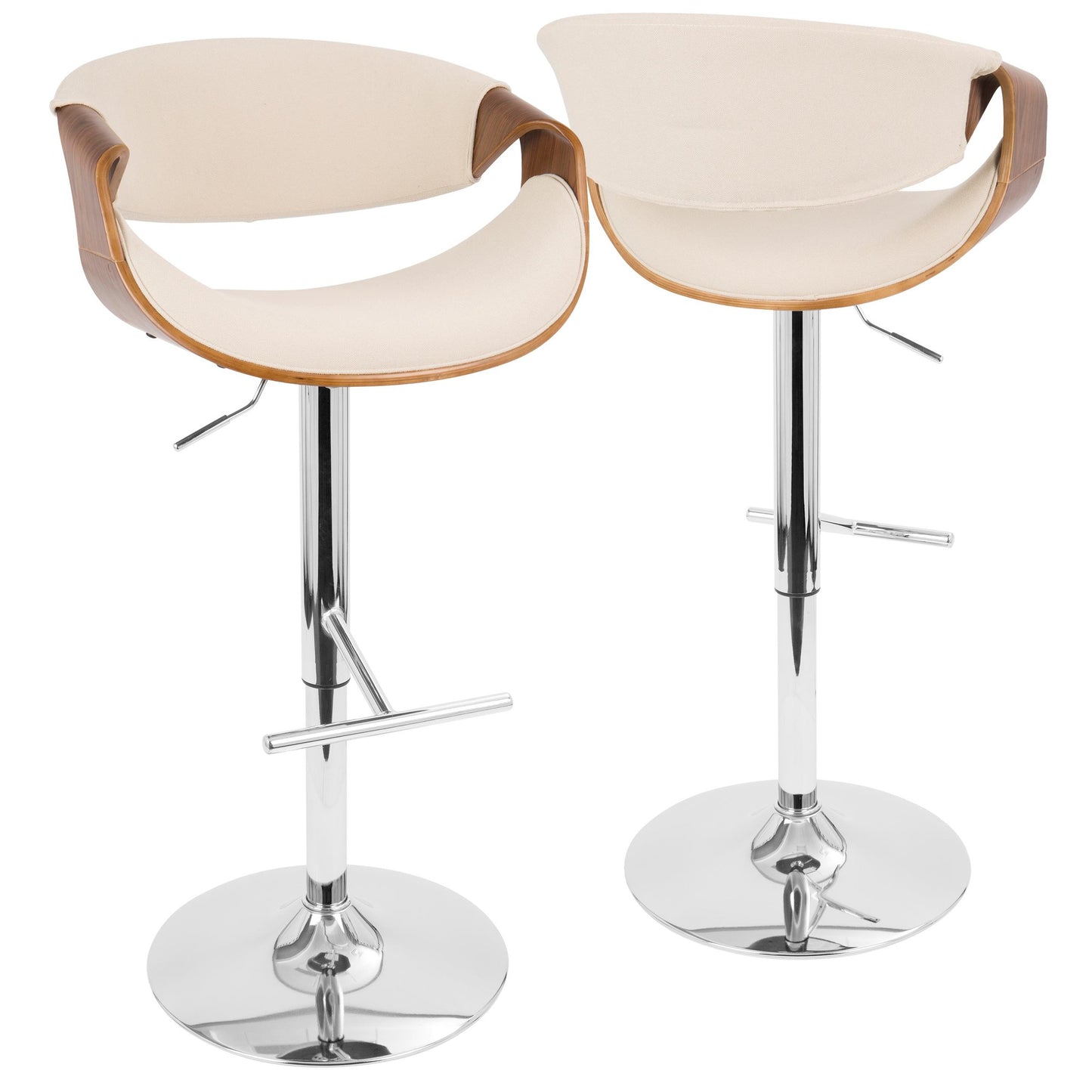 Curvo Mid-Century Modern Adjustable Barstool with Swivel in Chrome, Walnut and Cream Fabric By LumiSource - Set of 2 | Bar Stools | Modishstore - 7