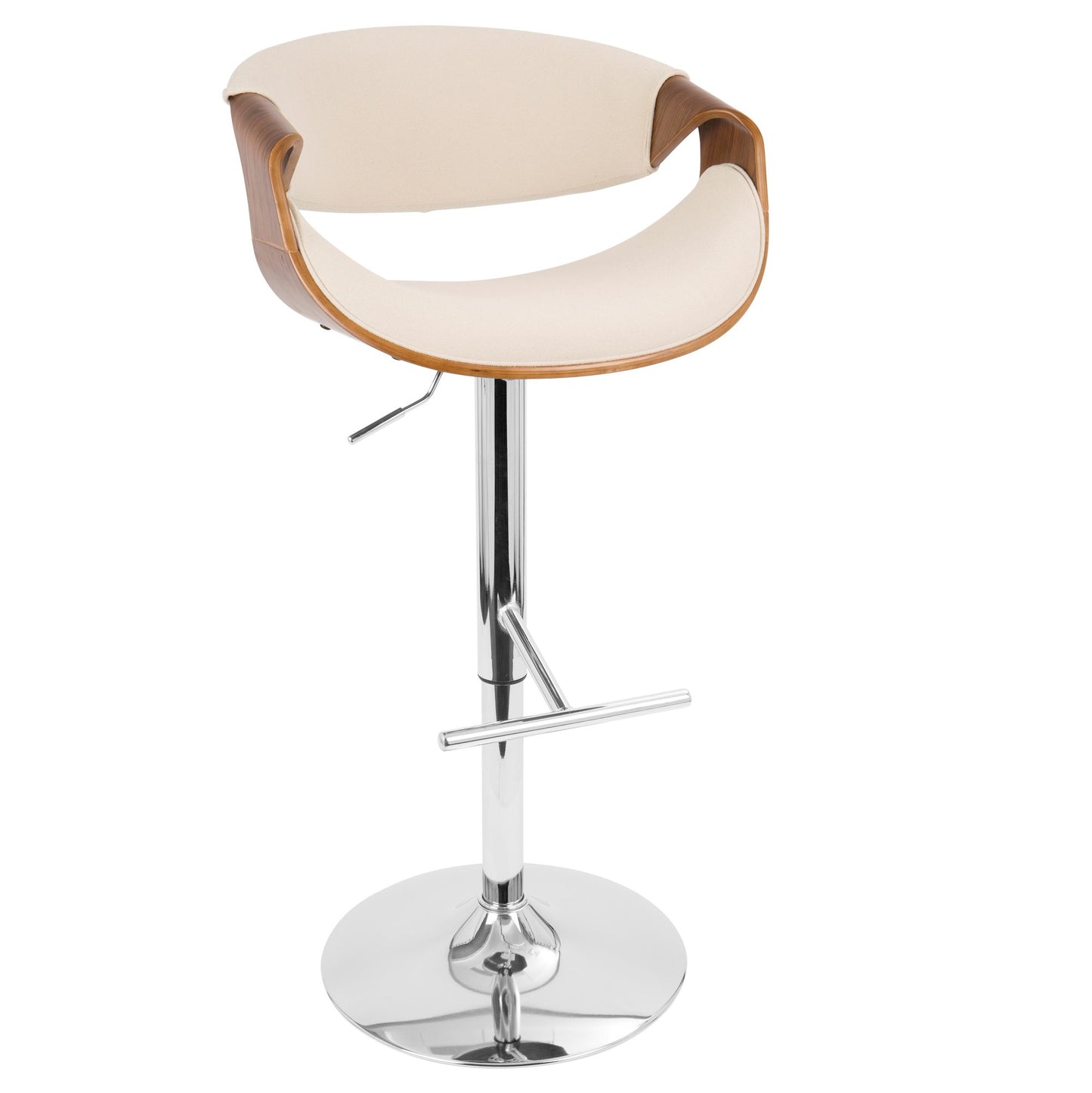 Curvo Mid-Century Modern Adjustable Barstool with Swivel in Chrome, Walnut and Cream Fabric By LumiSource - Set of 2 | Bar Stools | Modishstore - 8