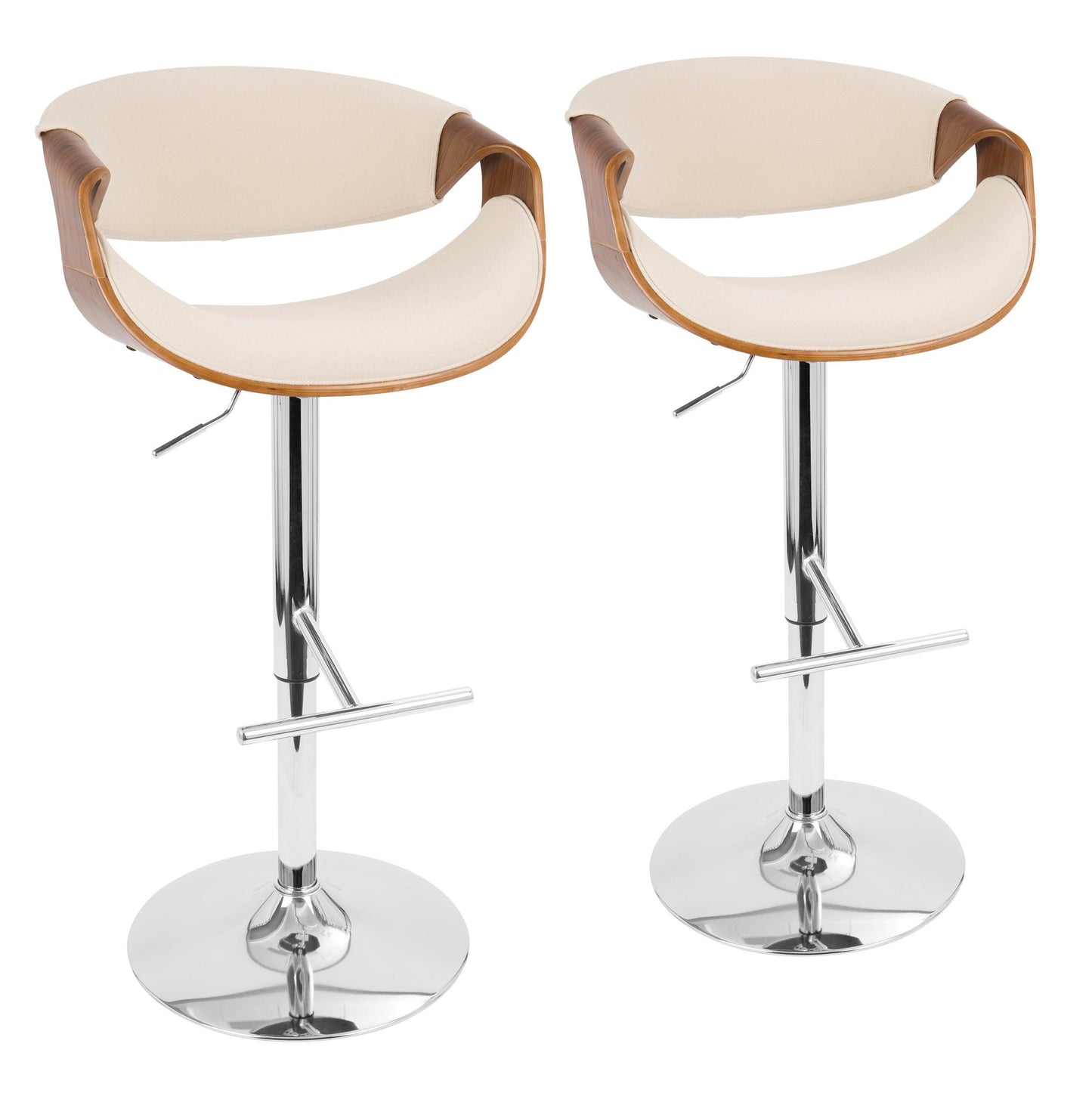 Curvo Mid-Century Modern Adjustable Barstool with Swivel in Chrome, Walnut and Cream Fabric By LumiSource - Set of 2 | Bar Stools | Modishstore - 2