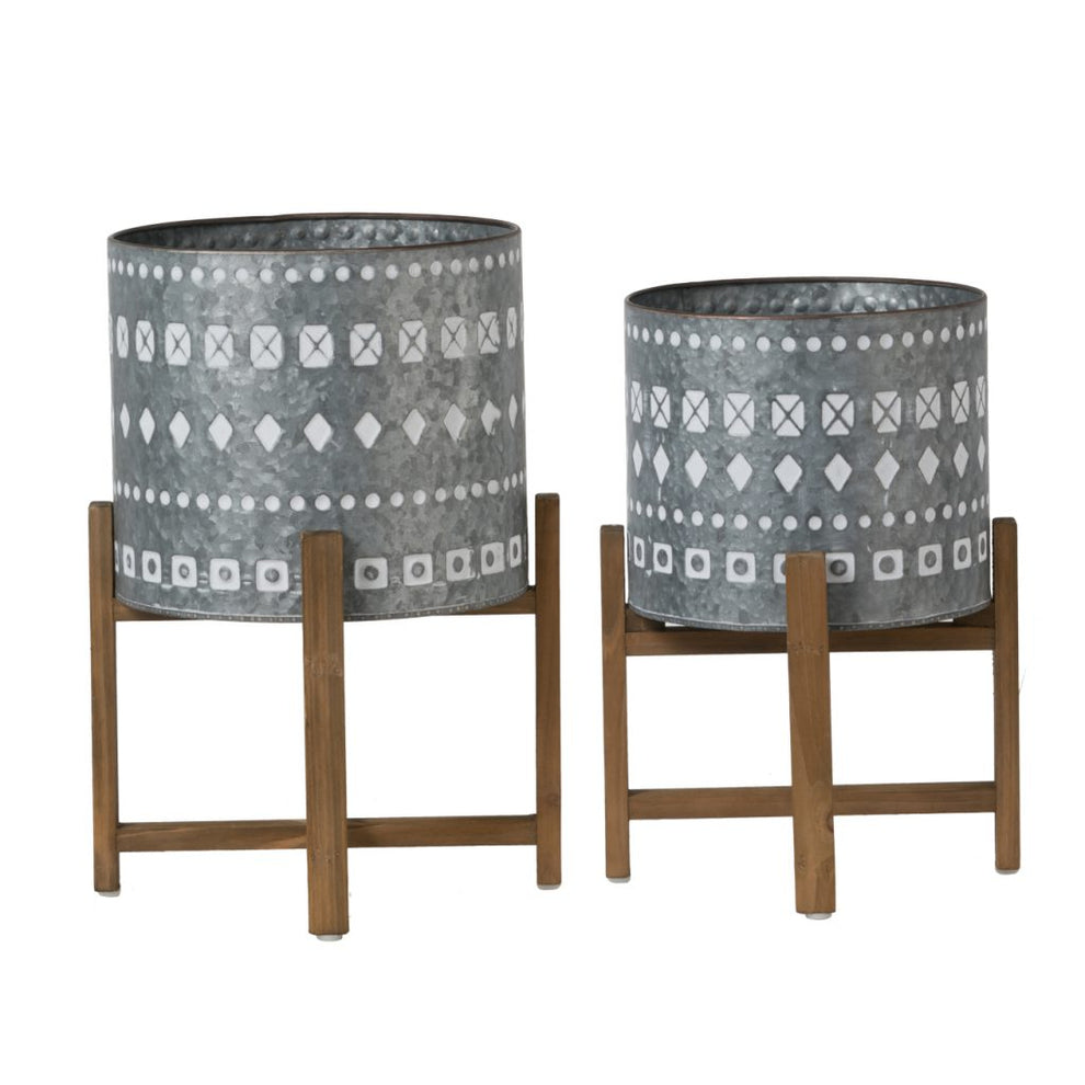 A&B Home Large Classic Planters with Wooden Stand Set of 2 | Outdoor Planters, Troughs & Cachepots | Modishstore - 2