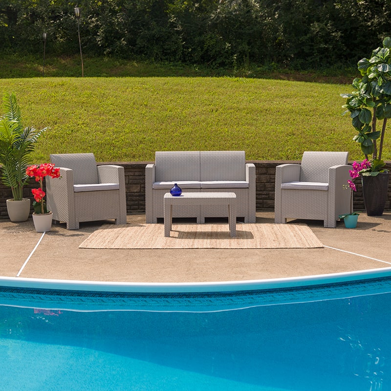 4 Piece Outdoor Faux Rattan Chair, Loveseat and Table Set in Light Gray by Flash Furniture | Outdoor Sofas, Loveseats & Sectionals | Modishstore - 2